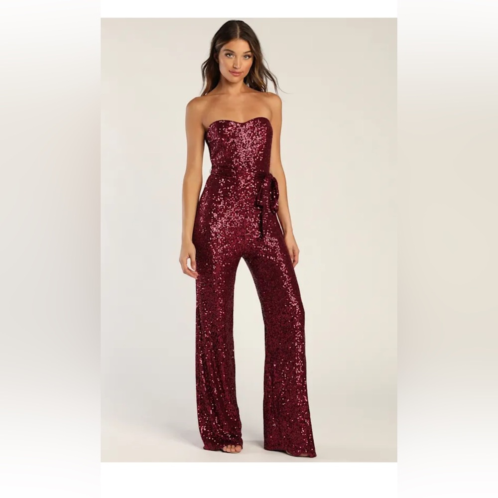 Lulus Flirty Moves Wine Red Sequin Strapless Wide-leg Jumpsuit - Size S